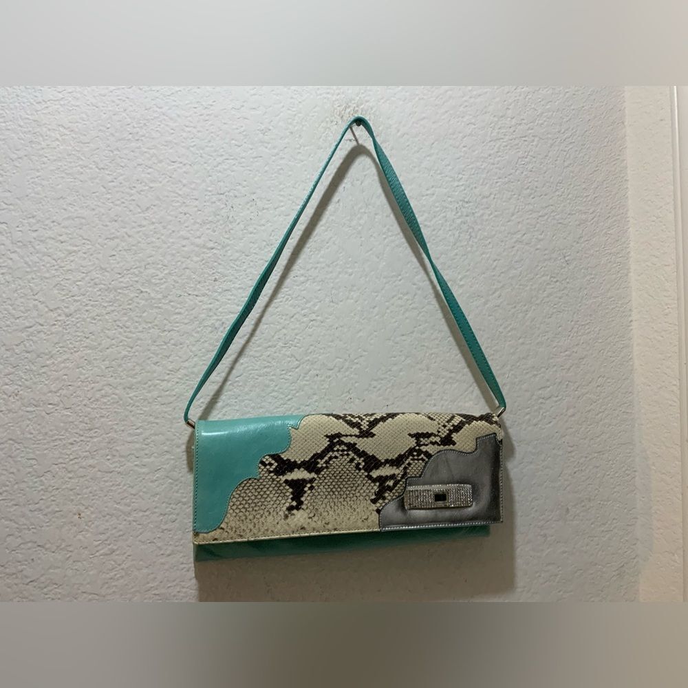 Python Snakeskin Tourquoise Rhinestone Leather purse shoulder clutch wristlet